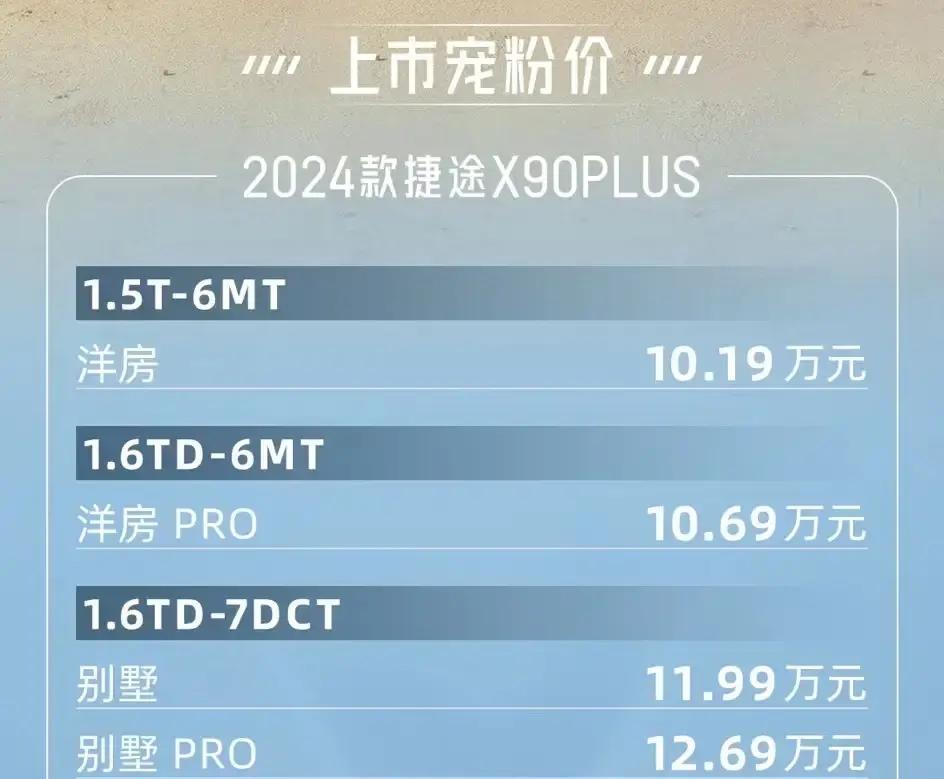 新车   售价10.19万元起，2024款捷途X90 PLUS上市，提供1.6T+6MT等