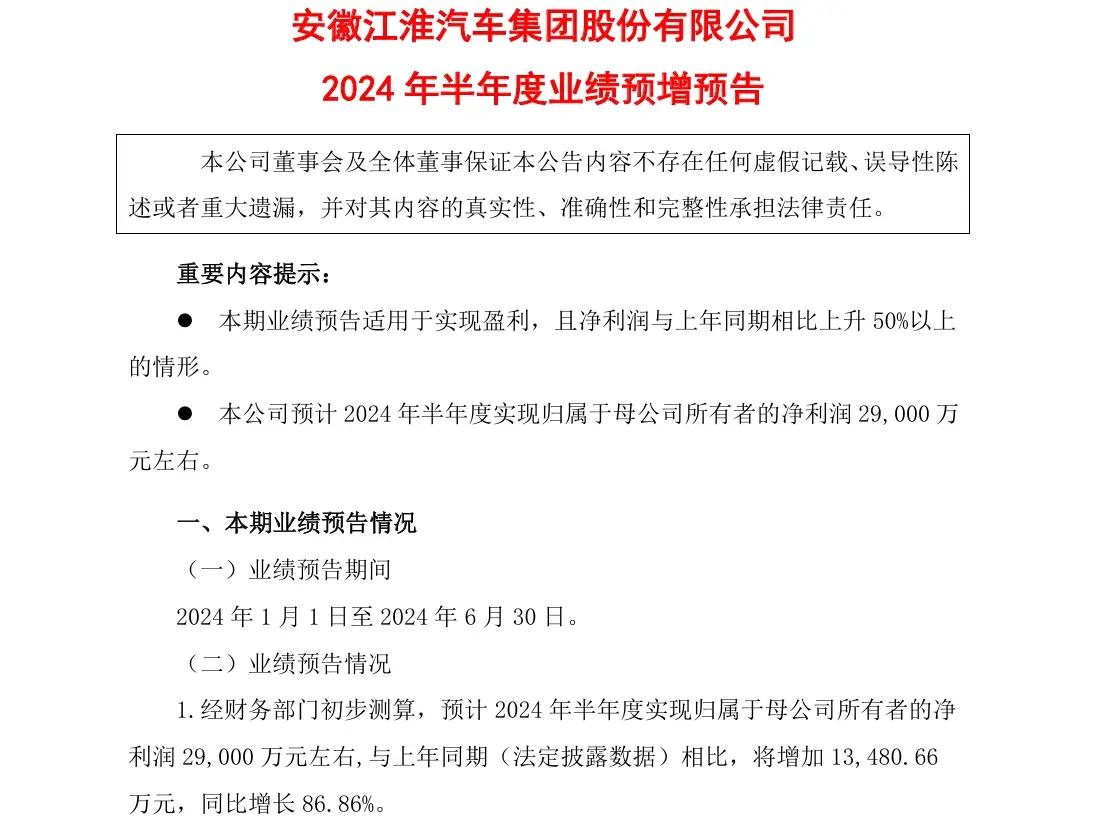 江淮汽车上半年净利润2.9亿，同比增长近九成